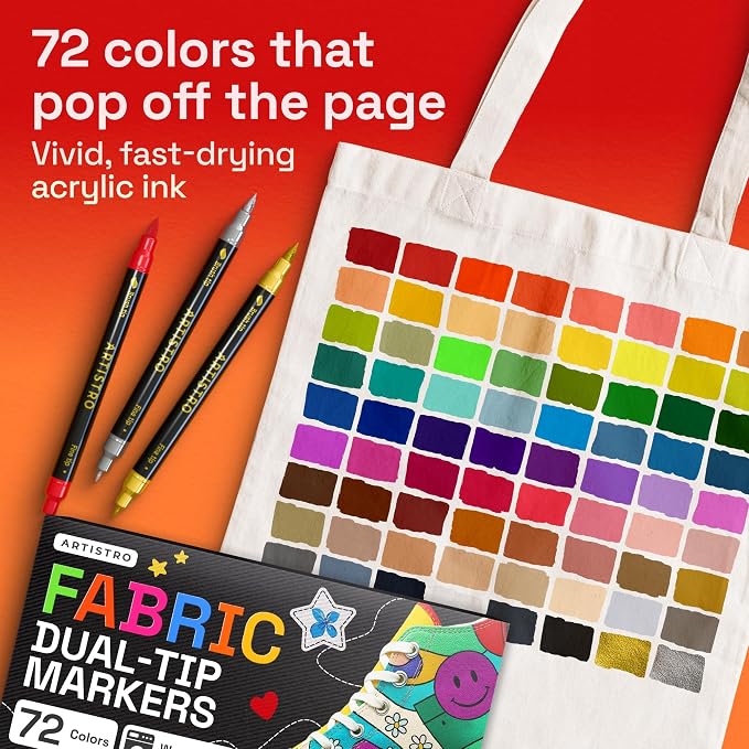 ARTISTRO 72 Dual-Tip Fabric Markers Decorating Kit, Permanent for Clothes | Brush & Fine Tip, Acrylic Paint Pens for Sneakers, Bags, Shoes, Textiles, Canvas, Sewing, Craft, & DIY