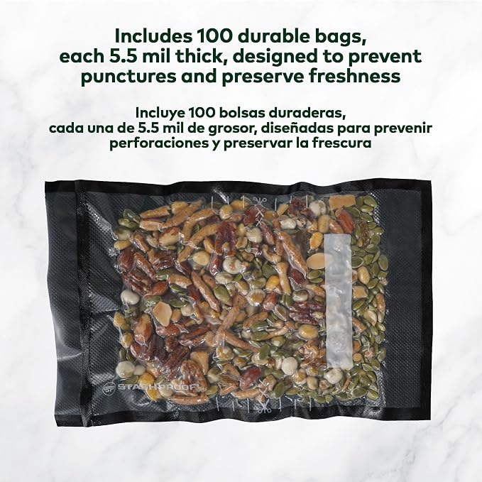 Vacuum Seal Bags 8" x 12" (100 Count) 5.5 Mil (Black & Clear) BPA Free Heavy-Duty Commercial Grade Food Vacuum Sealer Bags for Food Saver, Sous Vide, Meal Prep, Freezer Storage & Food Preservation