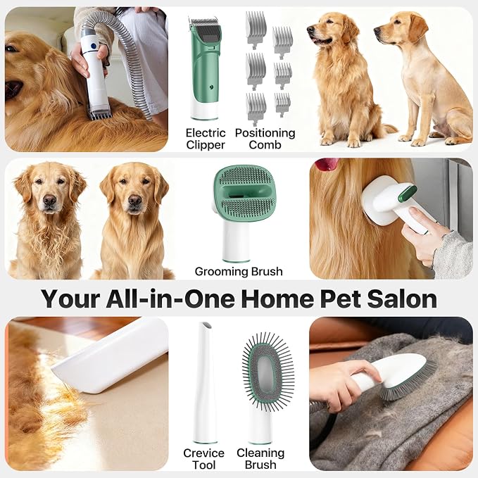 buenkee Dog Grooming Kit with Vacuum, 15000Pa Pet Hair Clipper and Shedding Brush, 2L Capacity, Green