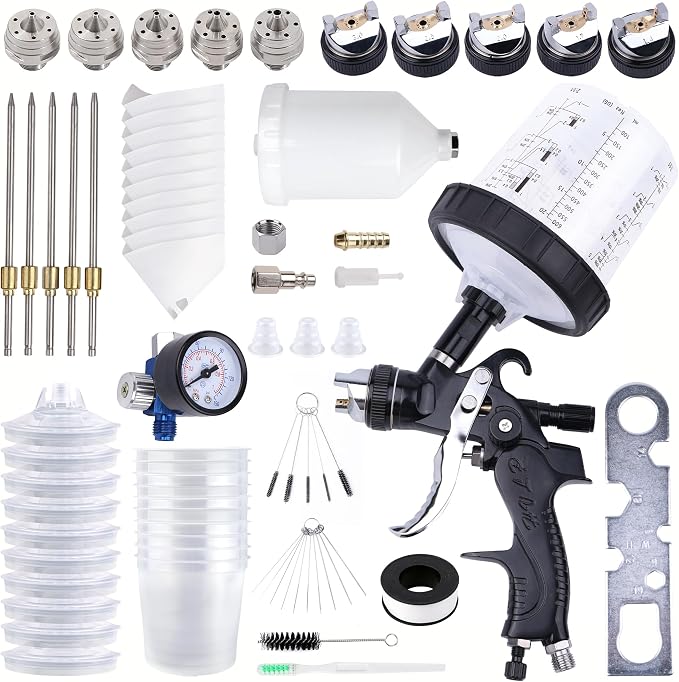 HVLP Spray Gun with 10Pcs 600ML Disposable Paint Cups, 5 Nozzles,1.4/1.7/2.0/2.5/3.0mm, Automotive Gravity Feed Paint Spray Gun Kit with Air Compressor Regulator for Auto (Black)