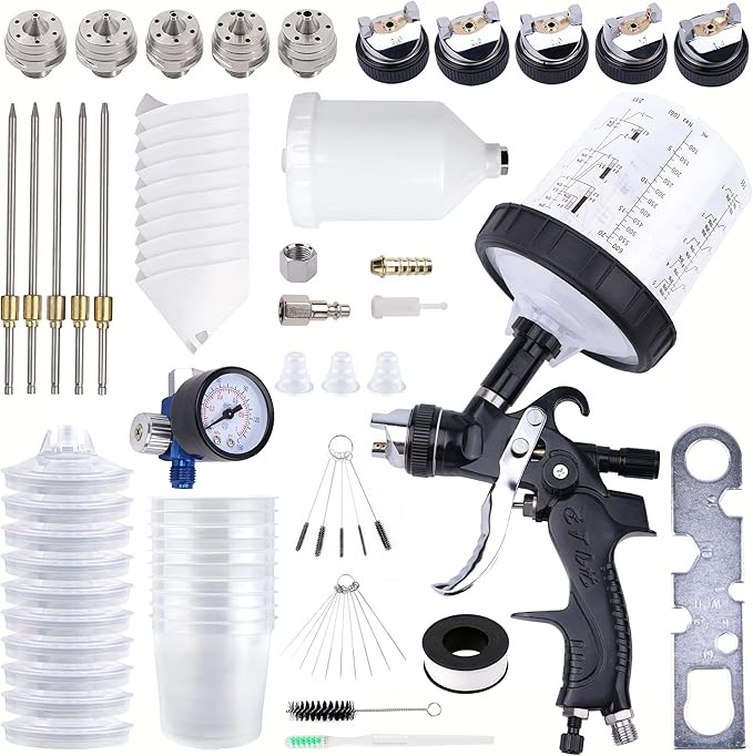 HVLP Spray Gun with 10Pcs 600ML Disposable Paint Cups, 5 Nozzles,1.4/1.7/2.0/2.5/3.0mm, Automotive Gravity Feed Paint Spray Gun Kit with Air Compressor Regulator for Auto (Black)