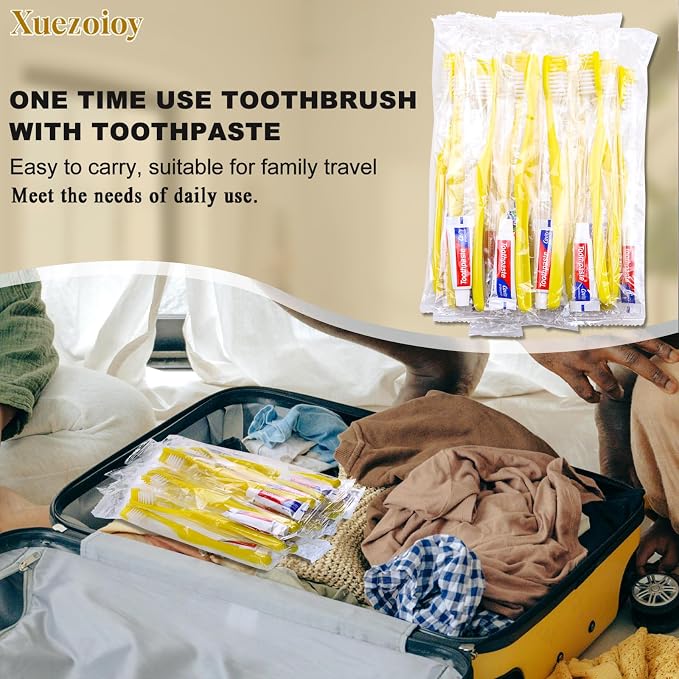 Disposable Toothbrushes with Toothpaste,50 Pack Yellow Hollow | Individually Wrapped Disposable Travel Toothbrushes Kit in Bulk for Homeless,Nursing Home,Hotel,Charity