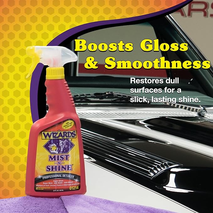 Wizards Mist-N-Shine Professional Car Detailing Spray - Quick Detailer Spray for Cars, Show-Car Gloss, Streak-Free Finish on Paint, Chrome, Glass and Plastic Trim, Wax-Free Formula - 22 oz