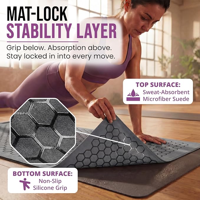 Clever Yoga Hot Yoga Mat Towel – Non-Slip Grip for Hot Yoga, Sweat Absorbent, Honeycomb Silicone Grip, Stays Flat – Ideal for Pilates, Travel, Washable & Lightweight - Gray