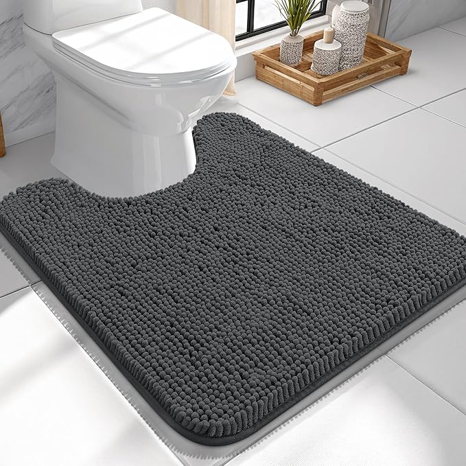 OLANLY Toilet Rugs U-Shaped 24x24, Extra Soft Absorbent Chenille Contour Bathroom Rugs for Toilet, Dry Quickly, Machine Washable, Non-Slip Toilet Bath Mat, Dark Grey