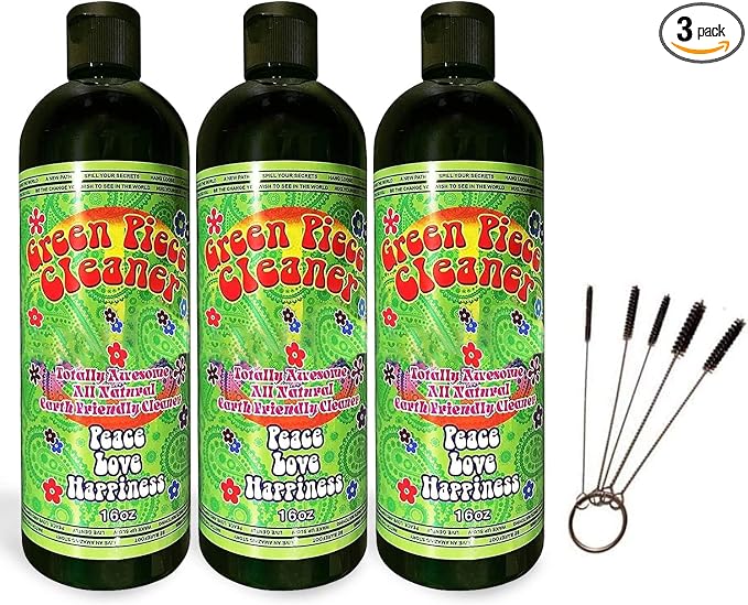 Green Piece® Glass Cleaner 3 Bottles (Made in USA) -16 oz and 5 Piece Mini Metal Nylon Tube Piece Cleaner Brush Set with Keychain Ring Combo