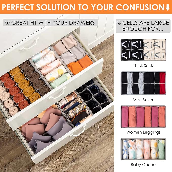 Criusia 6 Pack Sock Underwear Drawer Organizer Dividers, 58 Cell Foldable Fabric Dresser Closet Organizers and Storage Bins for Clothing, Baby Clothes, Bra, Panty, Scarf, Ties (Grey)