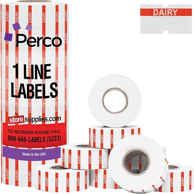 Perco 1 Line Orange Reverse Print on White Dairy Labels— 8,000 Labels for Perco Lite, X, Plus & Pro Guns—with Tamper-Proof Design for Marking Milk, Cheese, Yogurt, Butter—8 Rolls, 1 Sleeve—Made in USA