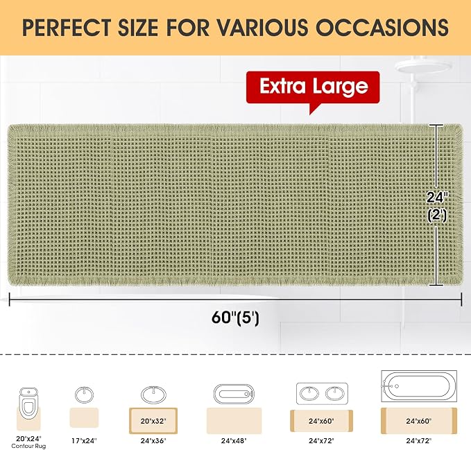 IM HOME Waffle Runner Rug Green 5'x2', Boho Woven Modern Bath Mat Rugs, Absorbent Non Slip Bathroom Rugs, Soft Washable Bath Rugs with Tassels for Bathroom, Bedroom, Kitchen, Shower, Tub