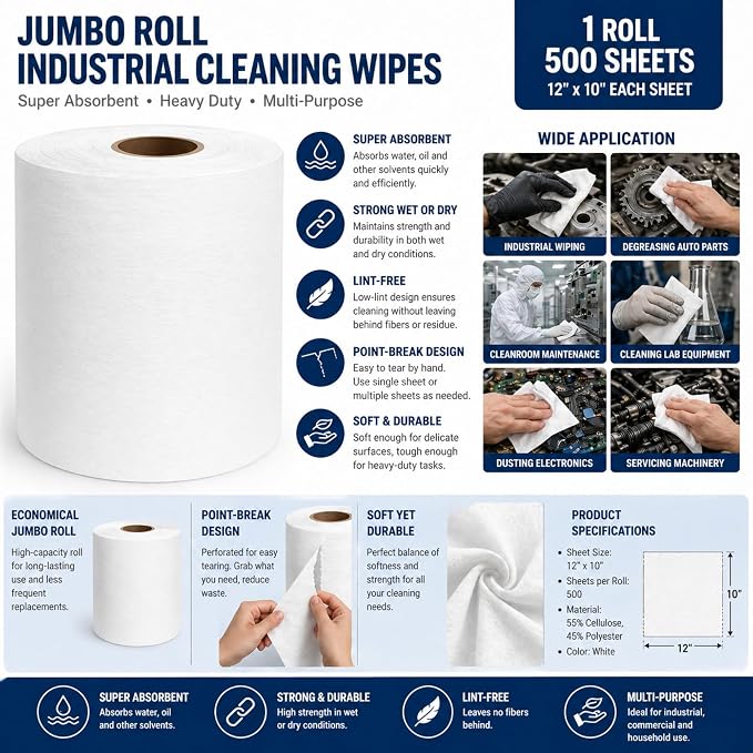 4 Rolls Industrial Cleaning Wipes Jumbo Roll, Heavy Duty Lint Free Shop Towels, Super Absorbent Reusable Cleaning Cloths for Garage Workshop Automotive, 500 Sheets 12"x 10" (White, 10"X12")