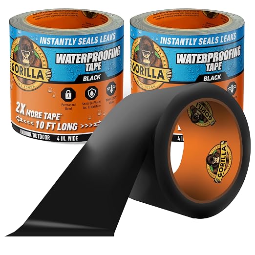 Gorilla Waterproofing Tape, Black, 4" x 10' (Pack of 2) - Permanent Weather Resistant Seal for Leaks and Repairs
