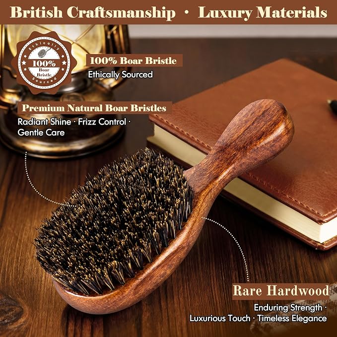 Small Boar Bristle Hair Brush Since 1965 British Craftsmanship, Handmade Natural Wooden Mini Hairbrush/Beard Brush, Pure Soft Bristles Gentle Detangling Women Men Kids Thin Fine Hair, Smooth & Shine