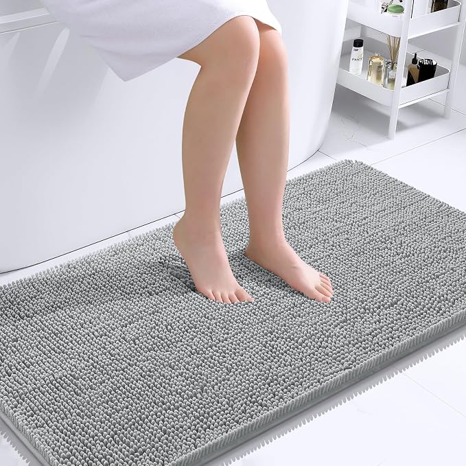 OLANLY Bathroom Runner Rugs 44x24, Soft Absorbent Chenille Bath Rugs, Rubber Backing Quick Dry, Machine Washable Long Bath Mats for Bathroom Floor, Tub and Shower, Home Decor Accessories, Light Grey