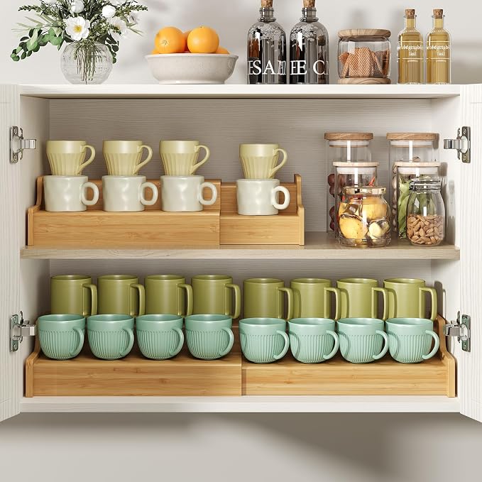 Hongtamoya 2-Tier Expandable Bamboo Mug Holder Coffee Mug Rack Organizer for Countertop, Multi-Functional Mug Display Shelf for Coffee Bar, Kitchen, and Home (15.35"~29.92")