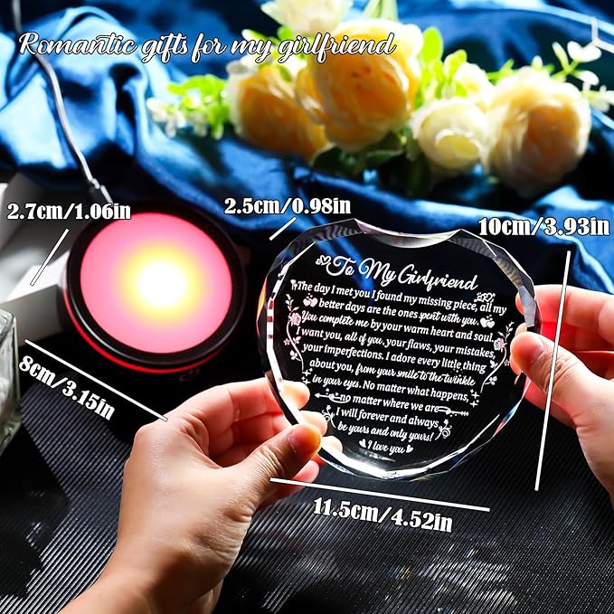 Crystal Heart Gifts for Girlfriend from Boyfriend with Colorful LED Base, Personalized Gift for Her Who Has Everything on Birthday Valentine's Day, Romantic Anniversary Christmas Gift Ideas to My Girl
