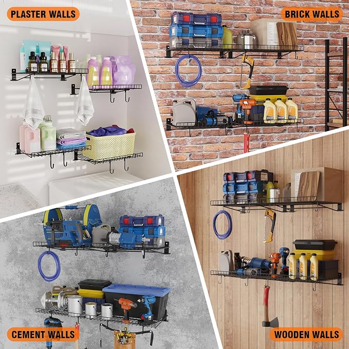 6 Pack Foldable Wall Shelf, Wall Mounted Garage Storage Shelves, Heavy Duty Wall Shelving Supports Up To 270 LBS. Floating Shelves With 12 Hooks Metal Storage Rack for Office, Kitchen and Laundry Room