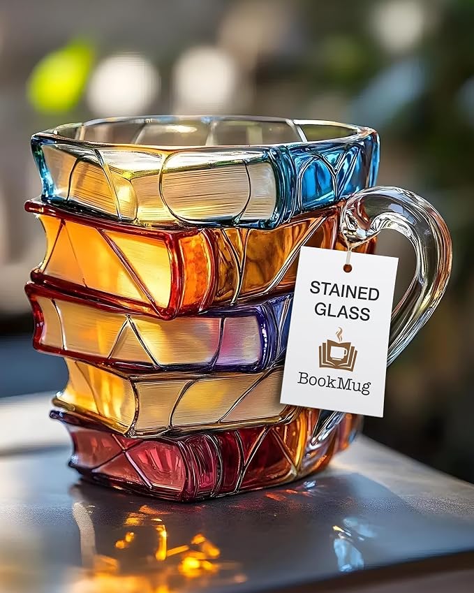 Book Mug Chapter Glass 3D Book Mugs Stained Glass Cup Gift for Women 7oz | Artistic Reading Coffee Cup with Stack Design, Unique Literary Birthday & Friendship Gifts for Women, Friends, Readers