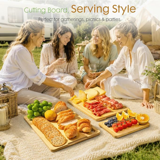 Astercook Nature Bamboo Cutting Boards for Kitchen with Wood Storage Stand, Reversible Charcuterie & Chopping Boards with Juice Grooves and Easy-Grip Handles