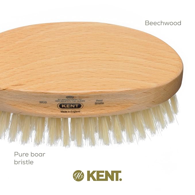 Kent MG3 Finest Men's Hair & Beard Brush for Skin Care - 100% Natural White Boar Bristle for Mens Grooming, Scalp Brush, 360 Wave, Beard and Mustache Straightener For Men's Hair Care