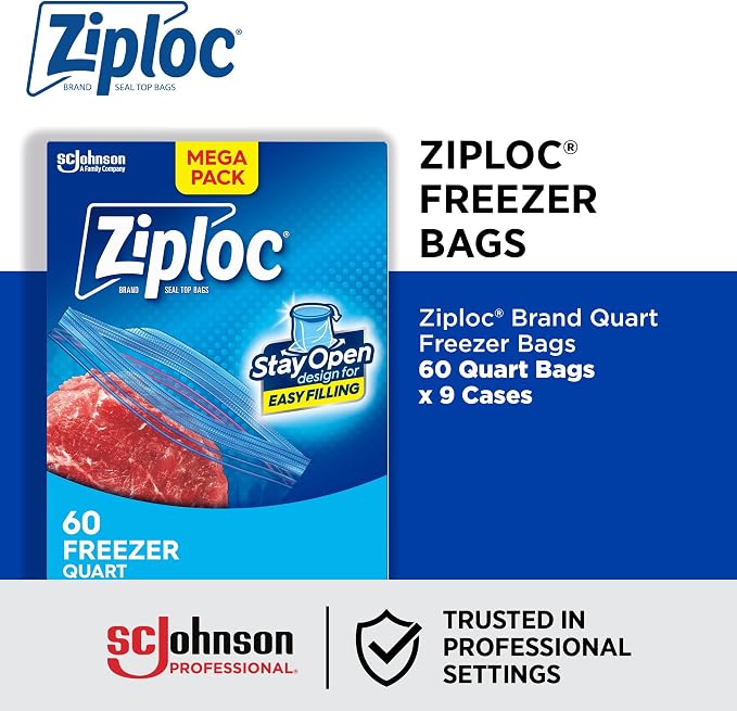 SC Johnson Professional Ziploc Quart Food Storage Freezer Bags, 9 Boxes x 60 Count, 540 Total Bags