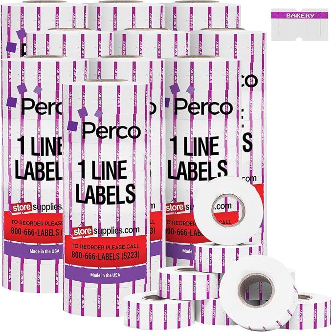 Perco 1 Line Purple Reverse Print on White Bakery Labels—80,000 Labels for Perco Lite, X, Plus & Pro Guns—with Tamper-Proof Design for Marking Breads, Pastries, Cakes—80 Rolls, 10 Sleeves—Made in USA