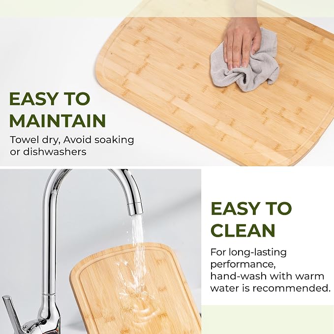 Marsmiles Bamboo Cutting Board, Durable Wood Cutting Boards with Deep Juice Grooves & Back Inner Handle, Ideal Chopping for Meat, Vegetables and Fruits, Natural, Set of 3