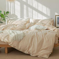 MooMee Bedding Duvet Cover Set 100% Washed Cotton Linen Like Textured Breathable Durable Soft Comfy (Solid Sandy Beige, Twin 68"x90")
