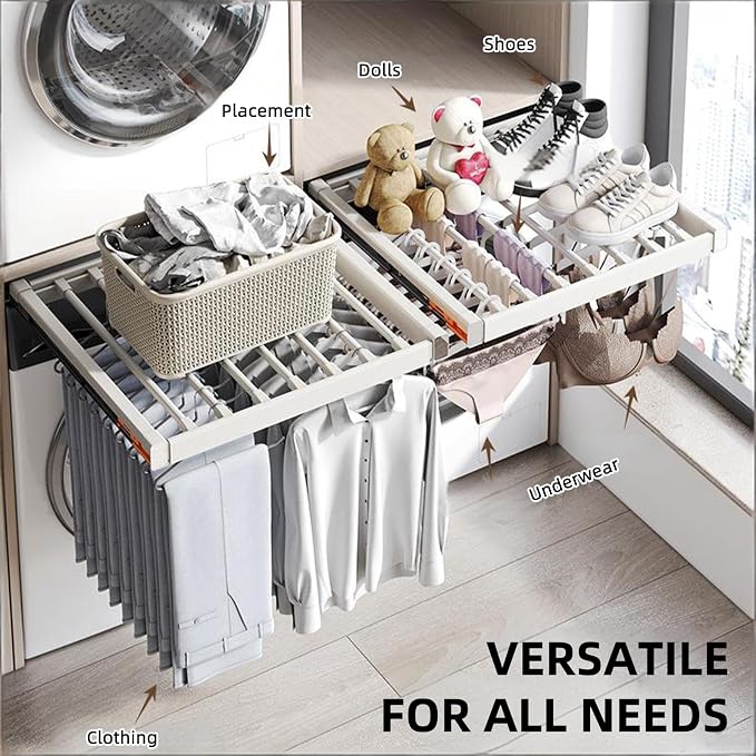 Hidden Pull Out Drying Rack, Extendable Pull Out Trousers Rack, Space Saving, Above Washing Machine Wardrobe, Aluminum Alloy, Soft-Close, Depth 21.26in Width 24-26in Grey
