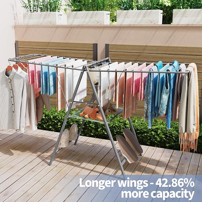 6 Height Adjustable Clothes Drying Rack with Shoe Slots, Grey | Pre-Assembled, Stable Load Structure, 22 Drying Rails, Foldable Space-Saving For Efficient Indoor & Outdoor Airflow Drying