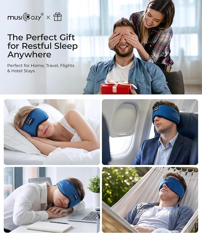 MUSICOZY Sleep Headphones, Bluetooth 5.4 Sleep Mask Headband Headphones Sleeping Eye Mask, Wireless Music Earbuds Earphones with HD Stereo Speakers Cool Gadgets Gifts (Midnight Blue)