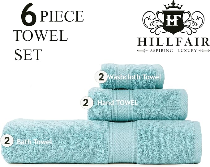 HILLFAIR Premium 600 GSM 6 Piece Towel Set- 2 Bath Towels, 2 Hand Towels & 2 Washcloths, Machine Washable, Hotel Quality, Super Soft & Highly Absorbent Cotton Towel: Ocean Blue