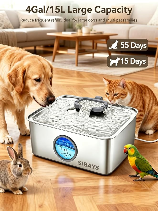 SIBAYS 4Gal/15L Dog Water Fountain, Stainless Steel Large Capacity Pet Water Fountain with Water Level LED Light, Automatic Quiet Dog Water Bowl Dispenser for Large Dogs & Multi-Pet Easy to Clean FS79