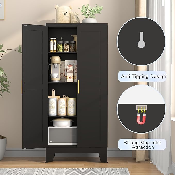 GAIOUS 61.02" Kitchen Pantry Cabinet, Pantry Storage Cabinet with 2 Doors and Adjustable Shelves, Black Food Storage for Kitchen, Living Room, Bedroom and Dining Room (Black) Metal Sideboard