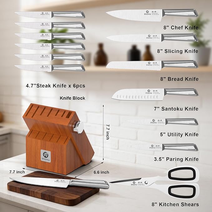 imarku High Carbon Stainless Steel Gyutou Knife Set with Block, Precision-Forged Razor Sharp 10–15° Edge, Ergonomic Non-Slip Handle, Built-in Sharpener, Brown, Best Gift Choice, Cooking Enthusiasts