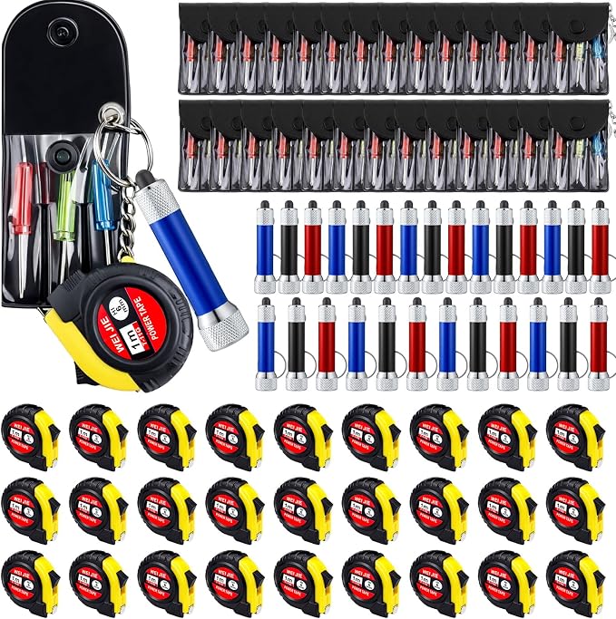 Jutom 27 Pcs Mini Tape Measure Keychain Screwdriver LED Light Keychain Bulk Men Adult Tool Party Gifts Prize for Man Father's Day Housewarming Gifts Adult Useful Tool Favors (Blue,Black,Red)