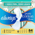 Always Pure Cotton Feminine Pads for Women, FlexFoam Pads with Wings, Size 1, Regular Absorbency, Unscented, 84 Count (3 Packs of 28)
