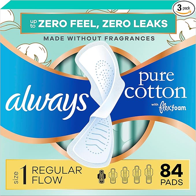 Always Pure Cotton Feminine Pads for Women, FlexFoam Pads with Wings, Size 1, Regular Absorbency, Unscented, 84 Count (3 Packs of 28)
