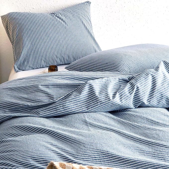 Wake In Cloud - Striped Cotton Duvet Cover Set, 100% Washed Cotton Textured Bedding Set, Ticking Stripe Pinstripe Farmhouse, 3 Pieces, Denim Blue, King Size