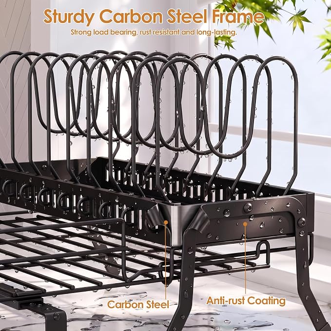 Housolution Large Expandable Dish Drying Rack for Kitchen Counter, Black | Rustproof, 9 Slots for Pan, Lid, Cutting Board, Utensil Holder, Adjustable Support Legs, Rotating Spout, Draining Tray