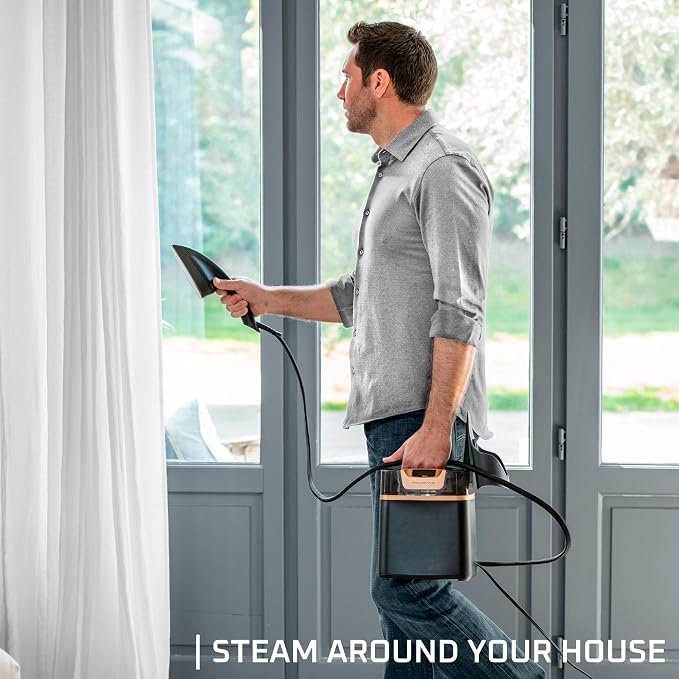 Rowenta IXEO Steamer for Clothes with Ironing Board 65 Inches 45 Second Heatup, 1 Liter Capacity 1500 Watts Ironing, Portable, Fabric Steamer, Garment Steamer, Adjustable QR1410,Black