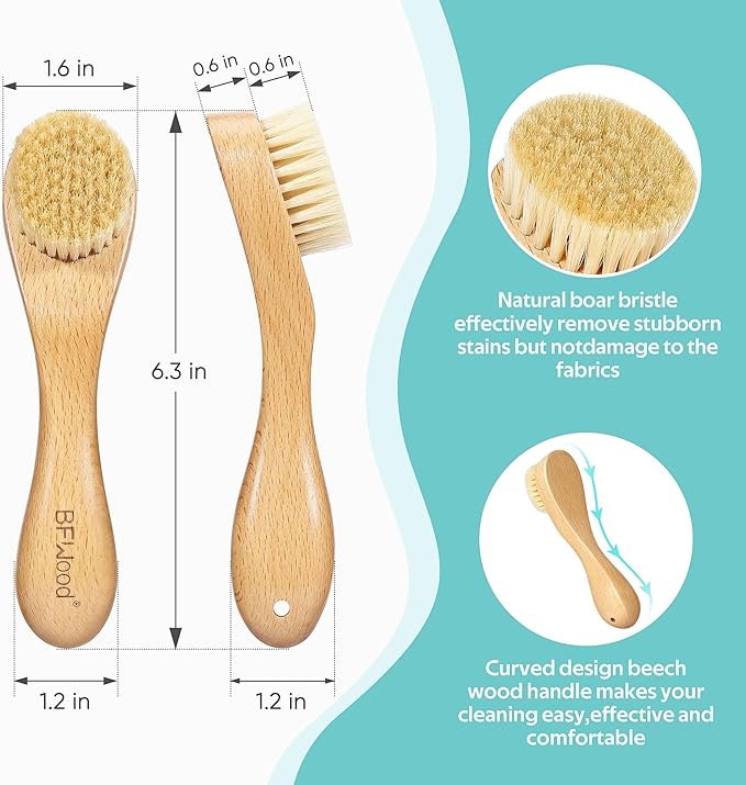BFWood Laundry Stain Brush, Natural Soft Boar Bristle for Scrubbing Out Tough Stains on Delicate Fabrics, Knits, Cotton, Linens, No Damage