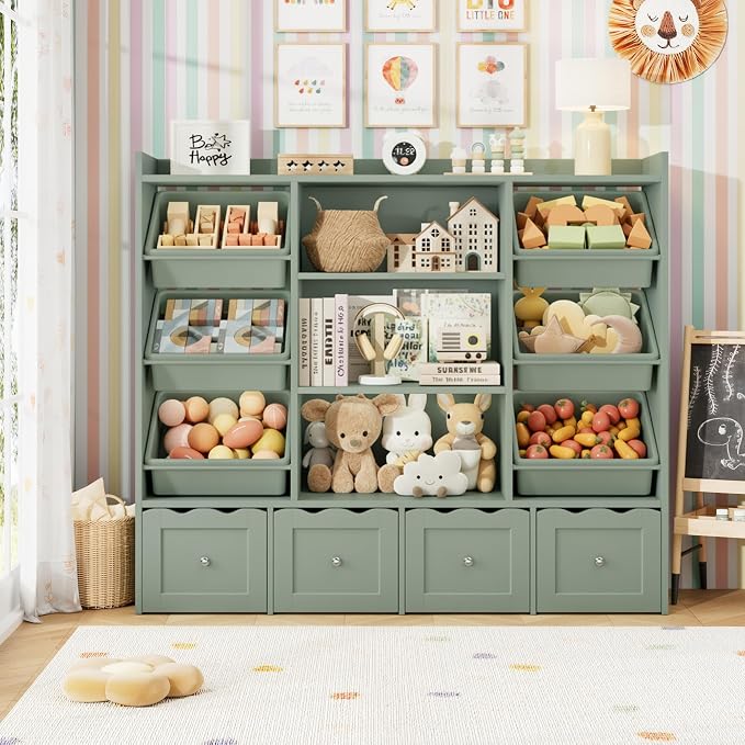 HITHOS 55" W Kids Toy Storage Organizer with 10 Toy Box & Book Shelf, Green | Large Toy Organizers and Storage with Kids Bookshelf & 6 Plastic Toy Chests & 4 Movable Drawers for Kids Room, Playroom