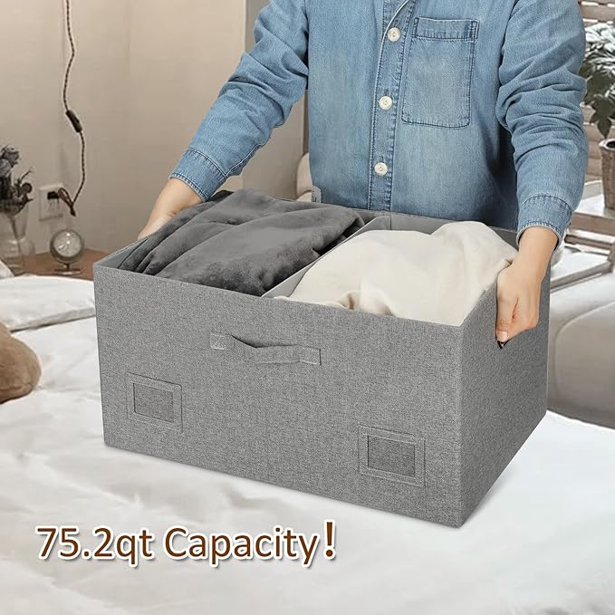 Graciadeco 75 Quarts Extra Large Decorative Storage Bins with Lids, 1 Pack Gray Collapsible Storage Bins with Lids, Stackable Storage Bins Decorative Box Storage With Lid Extra Large