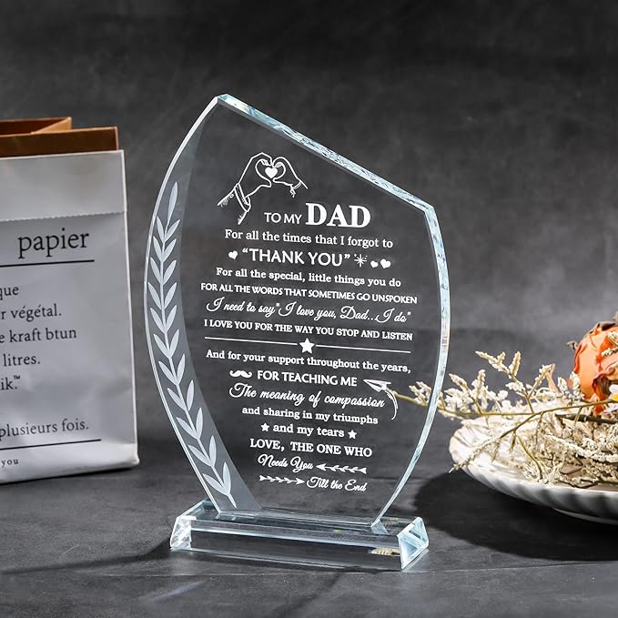QIANWEI Fathers Day Dad Gifts from Daughter Son Wife Glass Plaque Dad Birthday Unique Gifts for Him, Present for Christmas Thanksgiving Valentines Day