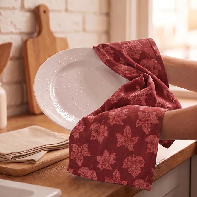 Urban Villa Kitchen Towels Harvest Leaf Print Towels Set of 6 20" X30” 100% Cotton Highly Absorbent Quick Drying Dish Cloths & Dish Towels Thanksgiving Fall Tea Towels with Hanging Loop Towels