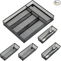 Neudeco Drawer Organizer Set, Black Mesh, 5 Pack | 4-Compartment Silverware Organizer Tray, 4 Utensil Trays, For Flatware, Cutlery, Office Supplies, Non-Slip