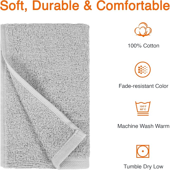 Amazon Basics Soft and Thick Cotton Hand Towels for Gym, 16 x 26 in, Gray, 12-Pack