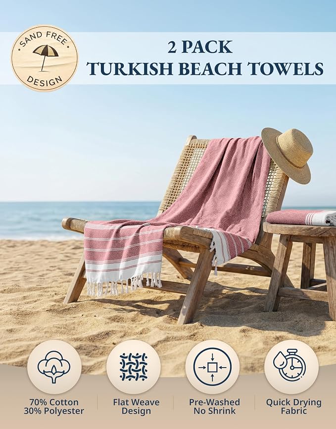 LANE LINEN Turkish Beach Towel 2 Pack, Super Absorbent, Durable - Hibiscus | Oversized Beach Towel 39"x71" - Lightweight Beach Essentials for Women - Large Pool Towel, Absorbent & Quick Dry, For Adults