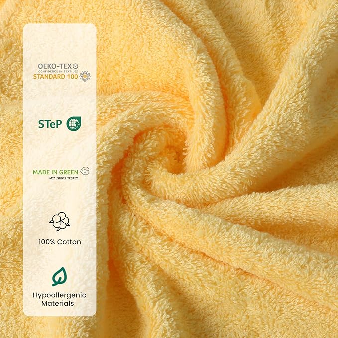 SEMAXE Bath Towel Set, 8 Piece Towel Set for Bathroom, Quick Dry Cotton Towels with Hanging Loops, Easy Care, Yellow