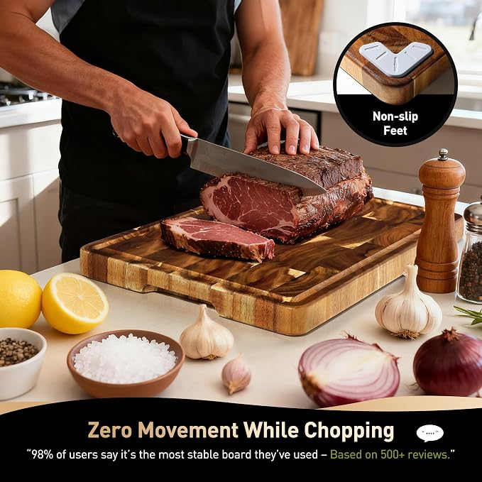 End Grain Cutting Board for Kitchen with Non-slip Feet, Acacia Wood Heavy Duty Checkered Cutting Board Handcrafted Luxury Chopping Board for Cooking and Serving Wooden Butcher Block Non Toxic